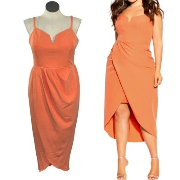 City Chic Dress Sassy V neck Orange Melon Cocktail Wedding Bridesmaid size XL 22 - Picture 1 of 13